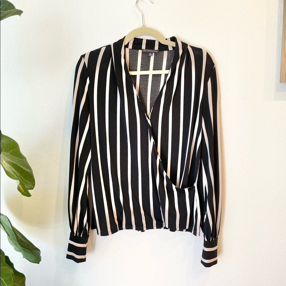 Adrianna Papell Black striped blouse| long sleeve
